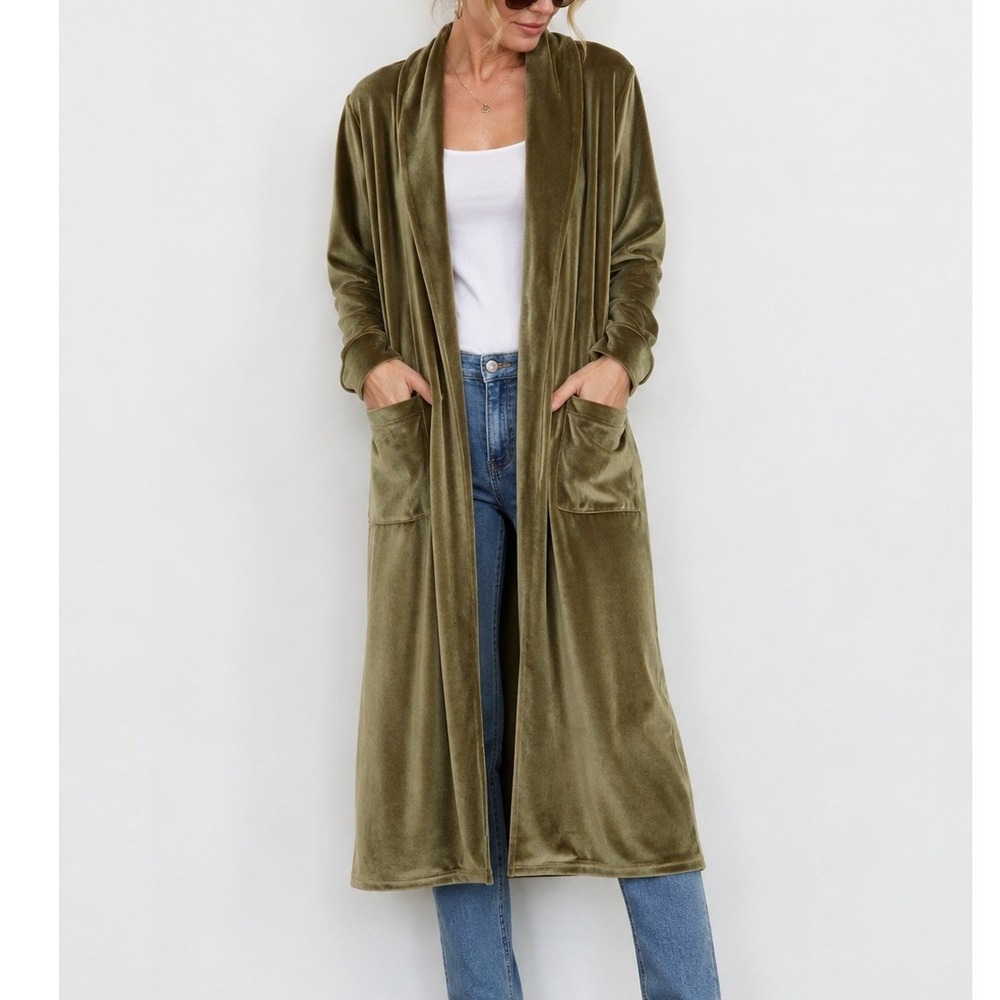 Womens XL Olive Green Velvet Long Duster Cardigan Open Front Pockets